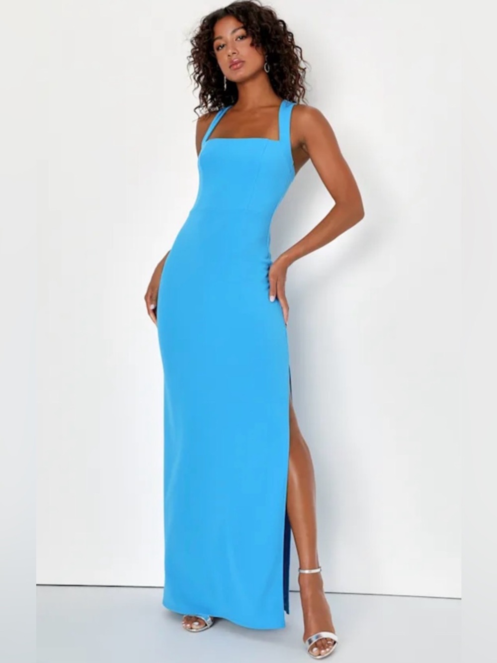 Lulus Glamorous Dedication Blue Sleeveless Column Maxi Dress XS NWT